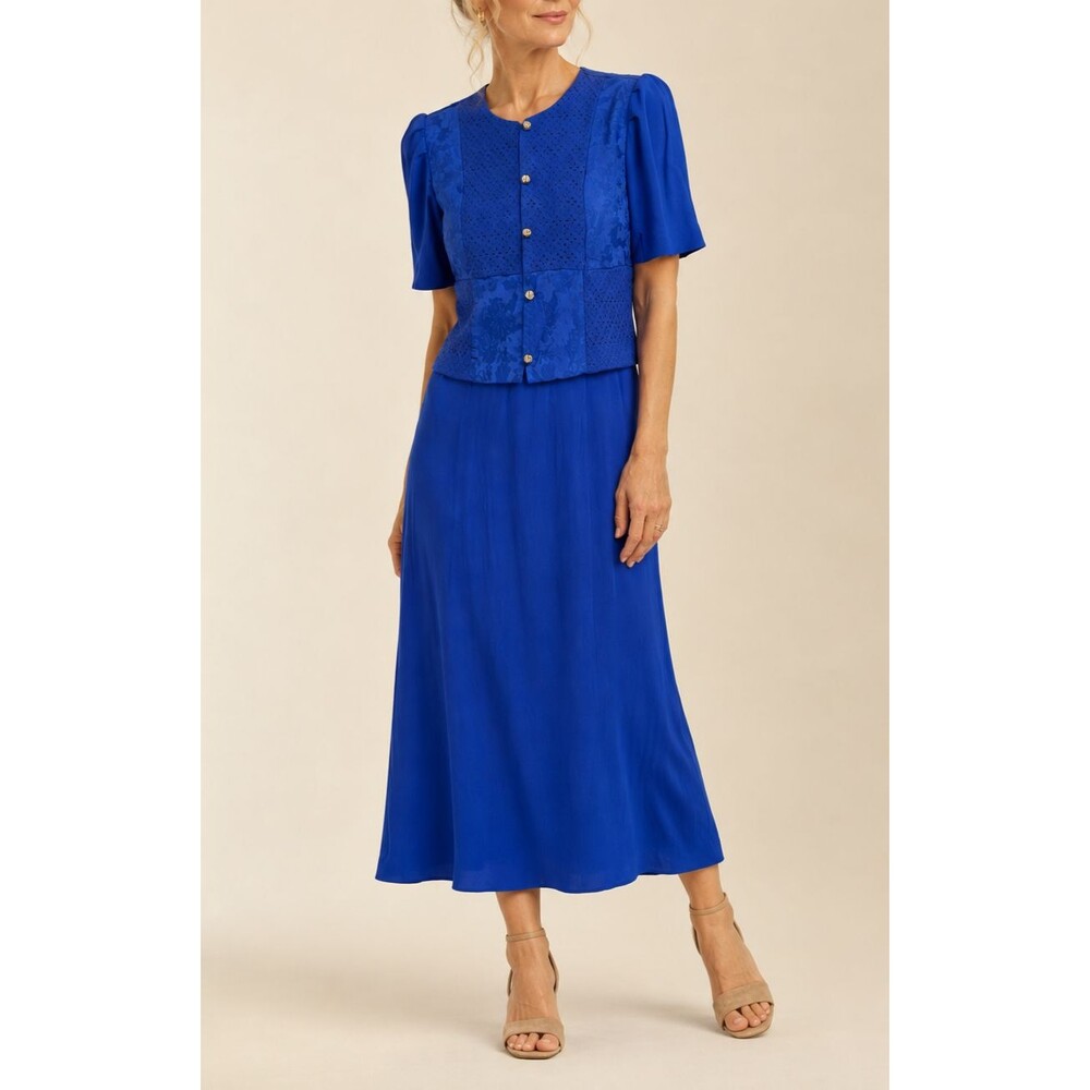 Vintage Miss Dorby Dress Womens 12P Blue Lagenlook Maxi Work Church Petite 12 *